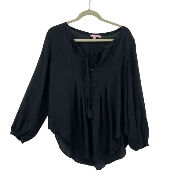 Calypso St Barth Tunic Top Size Medium Black Long Sleeve 100% Silk Top Tie Neck - Picture 1 of 10